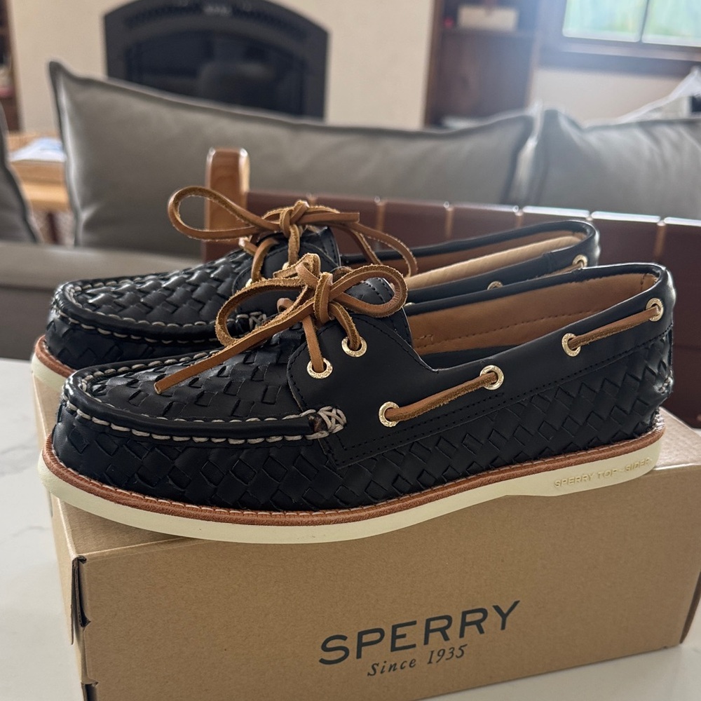 Sperry Black Woven Leather Boat Shoes with Tan Laces - Picture 3 of 4